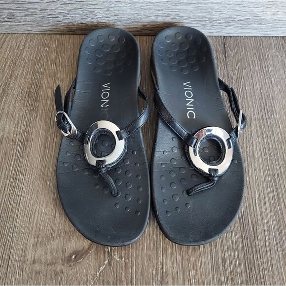 Vionic Karina Flip Flop Thong Sandals Slip On Black Leather Women's Shoes Size 6 - Picture 1 of 6